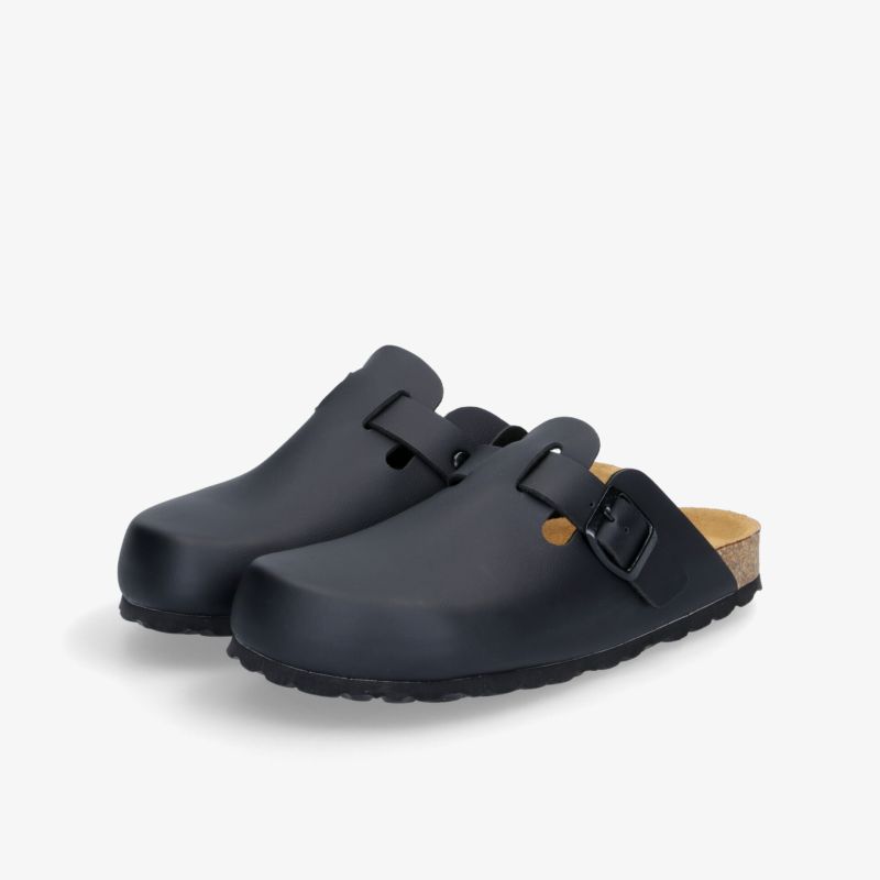 Bequeme schwarze Schuhe mit verstellbarer Schnalle, langlebiger Sohle und klassischem Design.