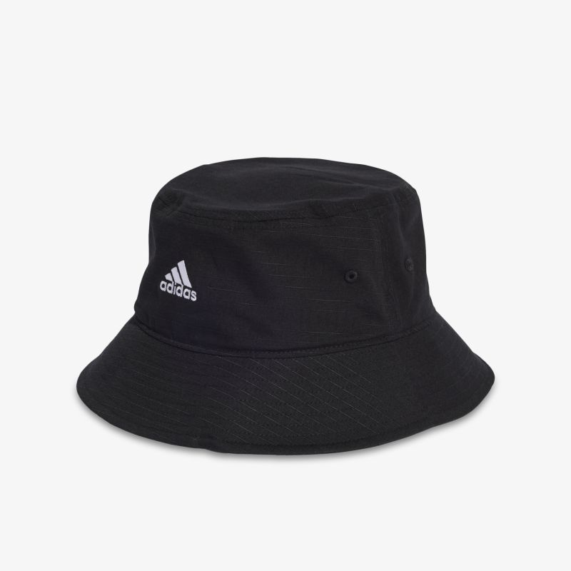 Schwarzer Bucket Hat mit Markenlogo, ideal für einen sportlichen und lässigen Look.