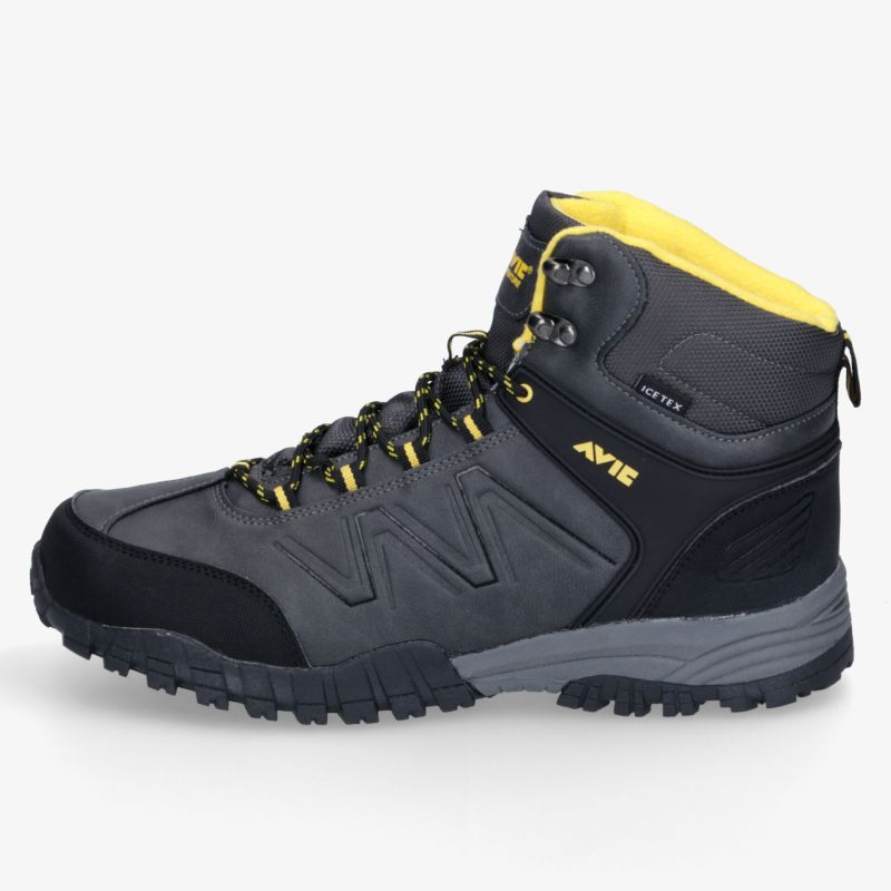 Robuster knöchelhoher Wanderschuh, grau-schwarz mit gelben Akzenten, ideal für anspruchsvolle Outdoor-Aktivitäten.