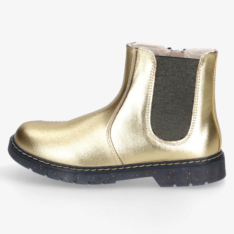 Goldfarbener Stiefel aus Leder mit elastischen Einsätzen und robuster Gummisohle in klarer Seitenansicht