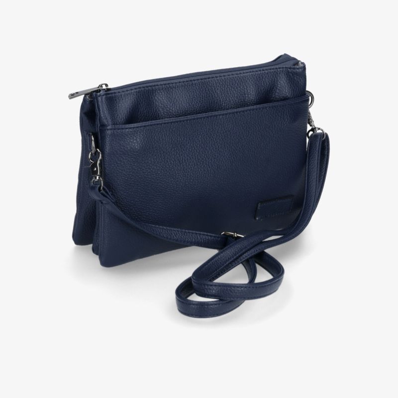 Elegante blaue Umhängetasche seitlich mit verstellbarem Riemen und mehreren Reißverschlussfächern