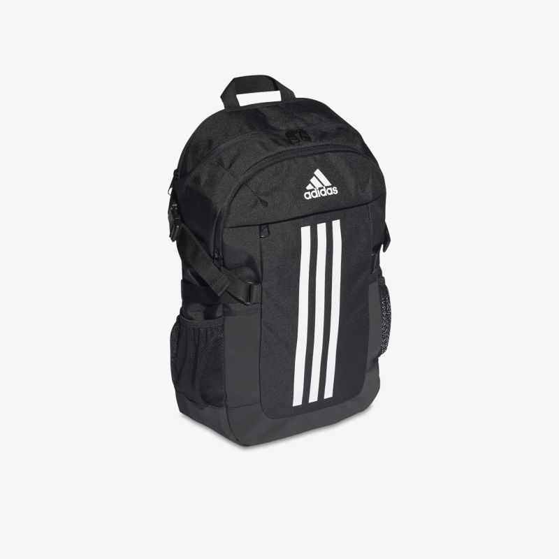Schwarzer Adidas Rucksack mit weißem Logo und Streifen, ideal für sportliche Aktivitäten und den Alltag
