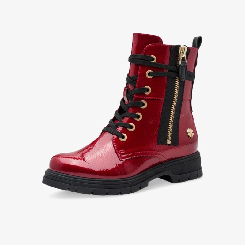 Rote Lackleder Stiefelette mit Profilsohle, seitlichem Reißverschluss und Schnürung, modisch und robust