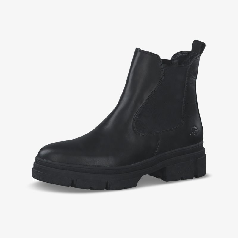 Schwarze robuste Stiefelette aus glattem Leder mit elastischen Seitenteilen und rutschfester Profilsohle