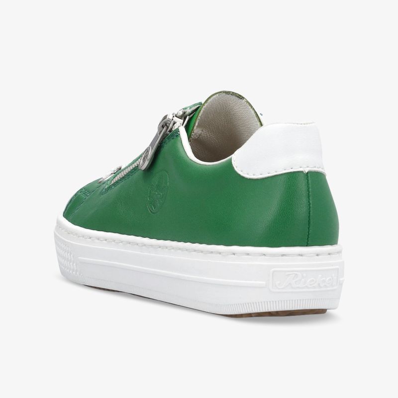 Moderner grüner Sneaker mit weißer Plateau-Sohle und schnürsenkellosem Design, komfortabel und stylisch