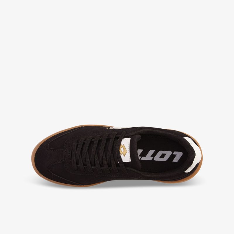 Schwarzer sportlicher Sneaker mit atmungsaktivem Material und gepolstertem Schaft, Draufsicht