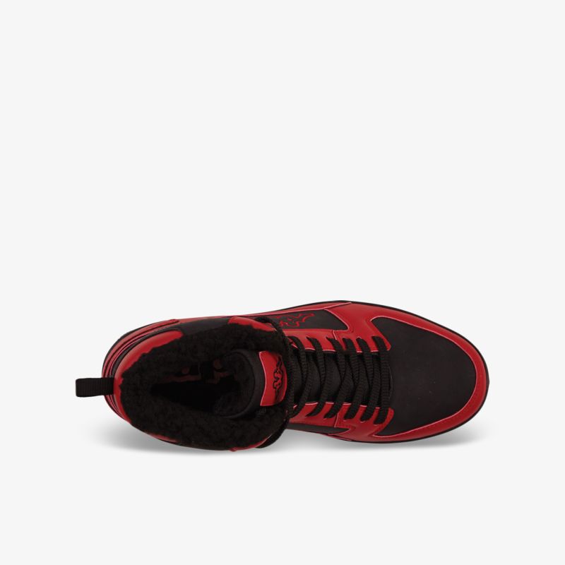 Stylischer rot-schwarzer Sneaker mit robustem Design und komfortabler Passform. Perfekt für sportliche Aktivitäten.