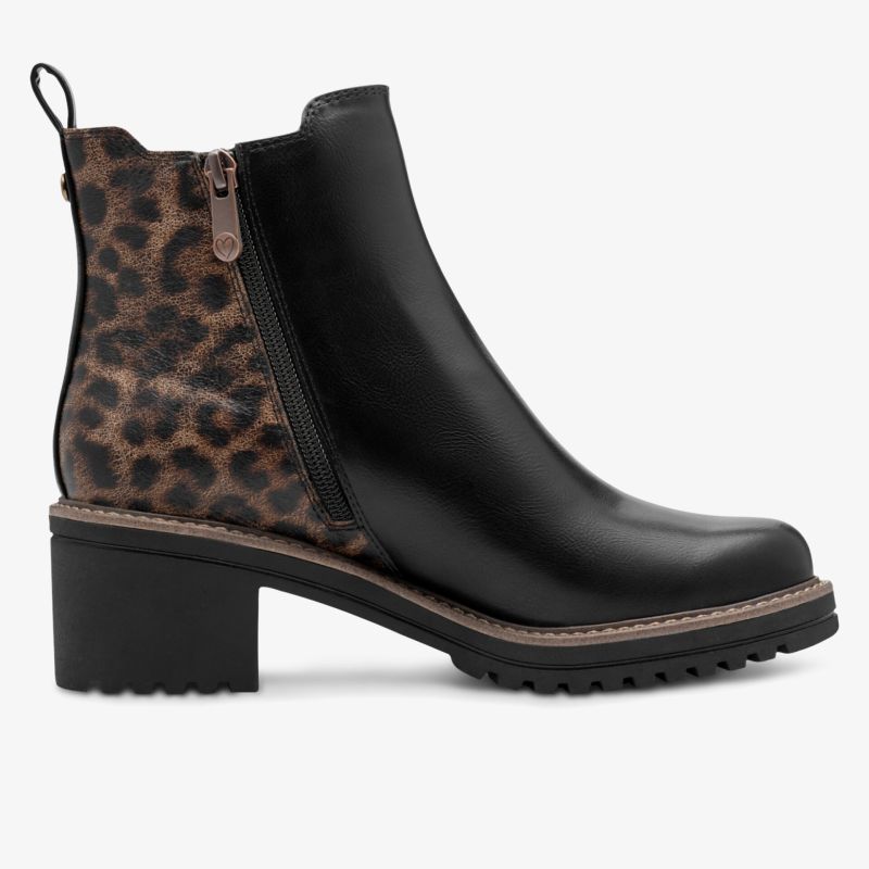 Eleganter schwarzer Stiefelette mit Leopardenmuster und praktischem Reißverschluss auf Blockabsatz für stilvollen Auftritt