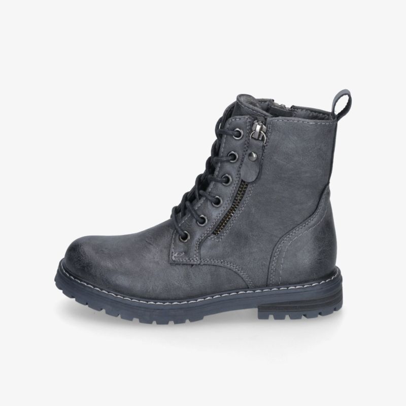 Robuster grauer Lederstiefel mit seitlicher Reißverschlussöffnung und Schnürung, rutschfeste Sohle für sicheren Halt
