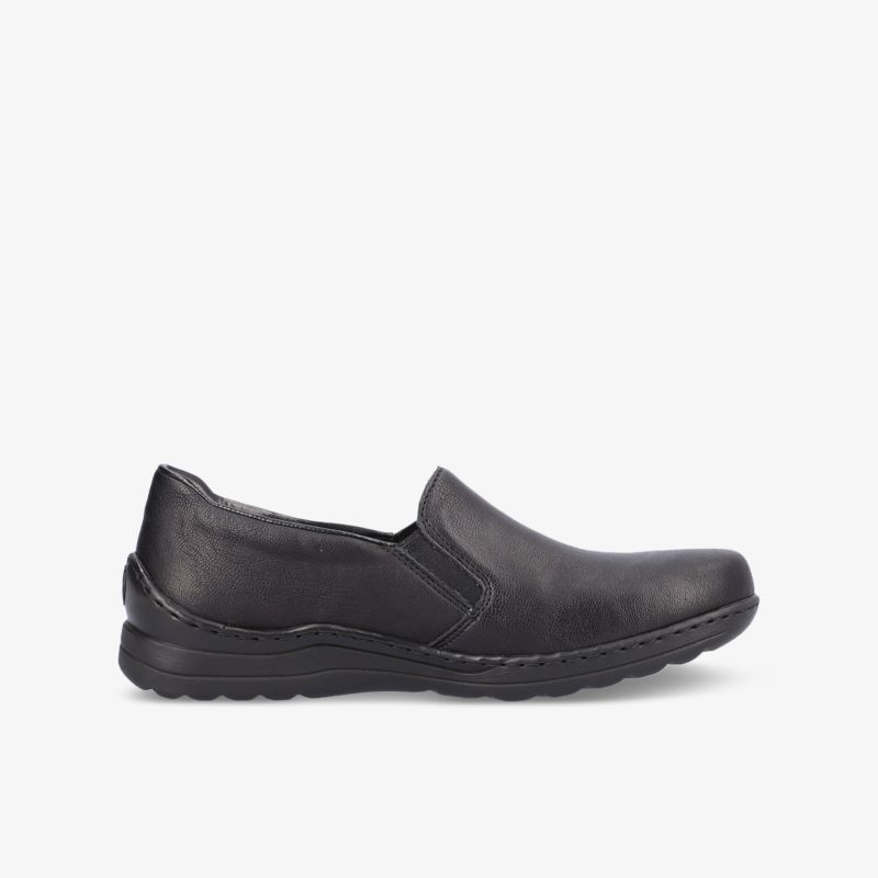 Schwarzer Loafer-Schuh seitlich, bietet Komfort und Vielseitigkeit für jeden Anlass.