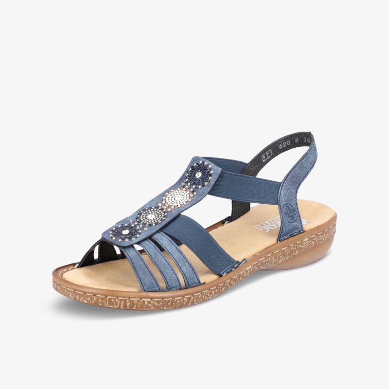 Leichte blaue Sandalette mit verstellbarem Riemen, weichem Fußbett und dekorativer Blumenapplikation