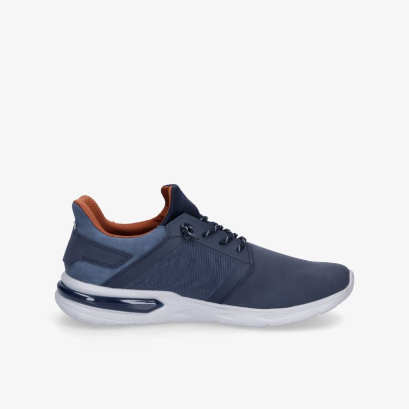 Moderner blauer Sneaker mit orangen Details und weißer Sohle für dynamischen Freizeit-Look und optimalen Komfort.
