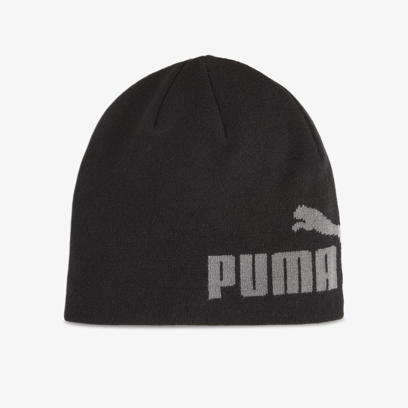 Schwarze Puma Mütze mit großem grauem Logo aus elastischem Material für optimalen Tragekomfort und sportliches Design
