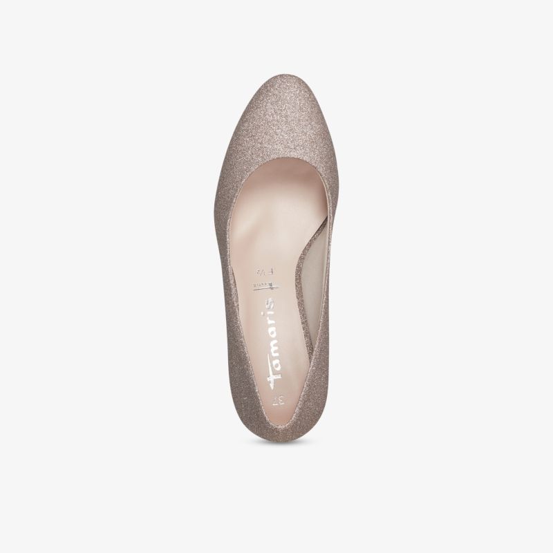 Eleganter spitzer Schuh in Beige mit dezentem Glitzer für stilvolle Anlässe.