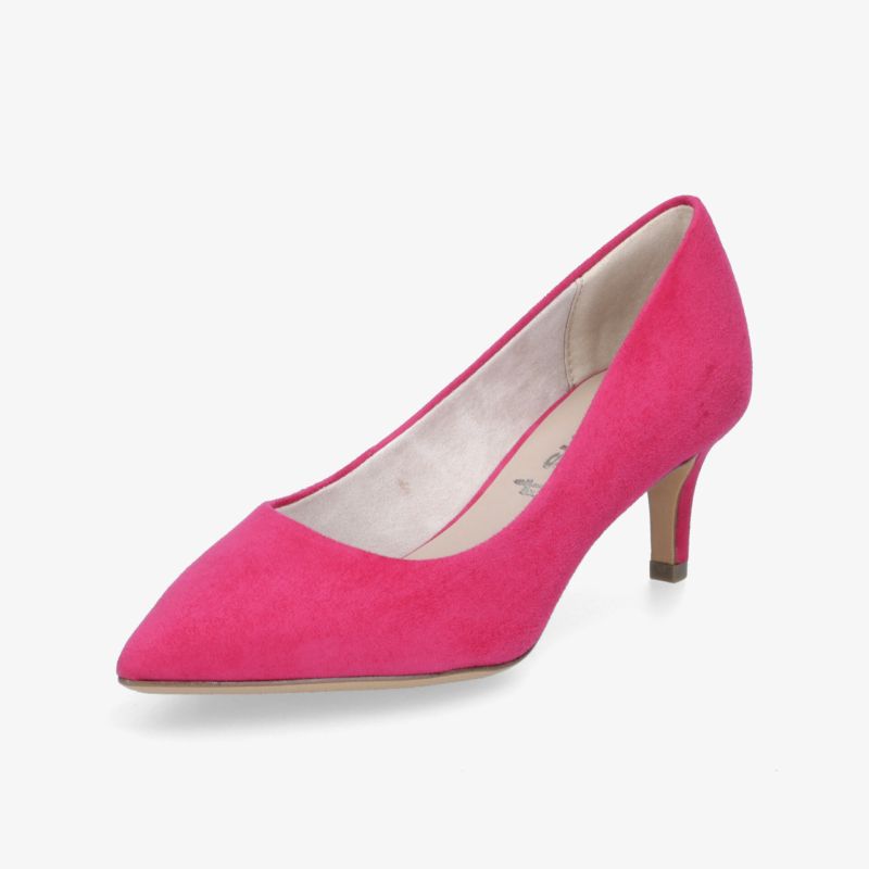 Eleganter fuchsiafarbener Schuh mit spitzer Zehe und mittlerem Absatz für stilvolle Auftritte.