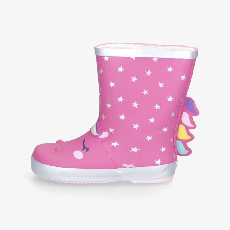 Pinkfarbene Regenstiefel mit Einhorn und glitzernden Sternen für farbenfrohes und nasses Wetter.