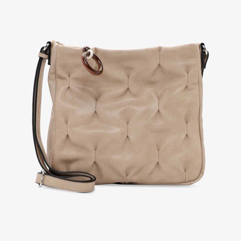 Elegante beige Handtasche mit gestepptem Muster und verstellbarem Schultergurt, perfekt für jeden Anlass.