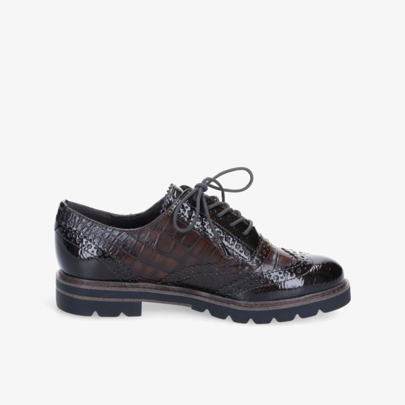 Dunkelbrauner Lackleder Schnürschuh seitliche Ansicht mit profilierter Laufsohle, schick und komfortabel