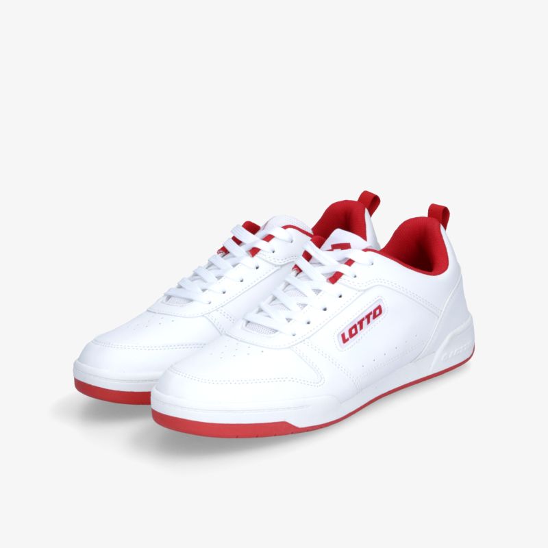 Leichte weiße Sportschuhe mit roten Akzenten, bequeme Passform und modernem Design, rutschfeste Profilsohle für optimalen Halt