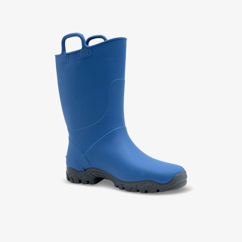 Robuste blaue Stiefel mit rutschfester Sohle, ideal für nasses Wetter und Outdoor-Abenteuer.