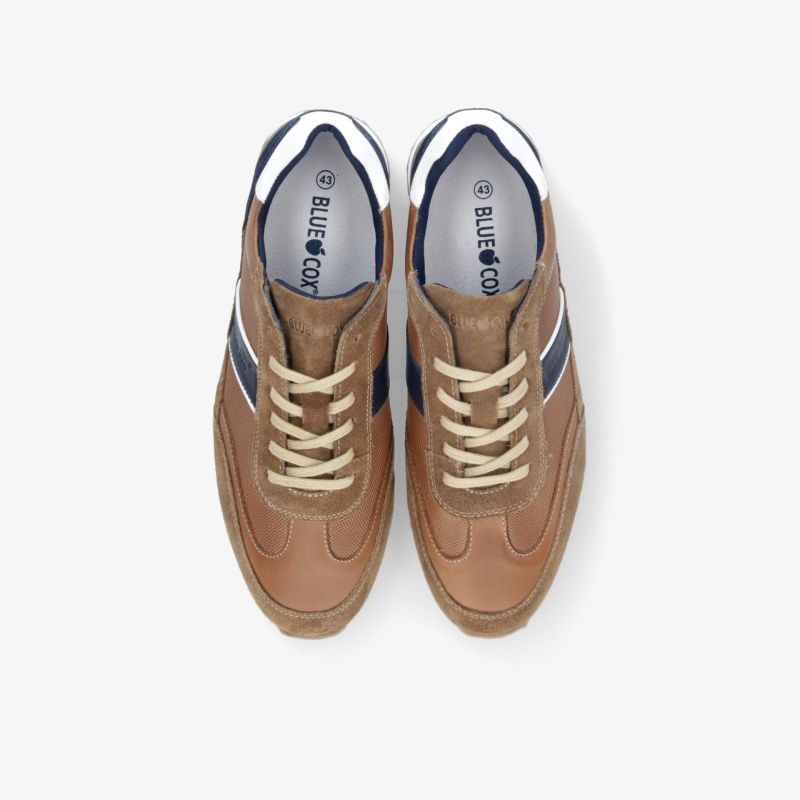 Stilvolle braune Sneakers mit blau-weißen Streifen und beiger Schnürung. Attraktives und vielseitiges Design.