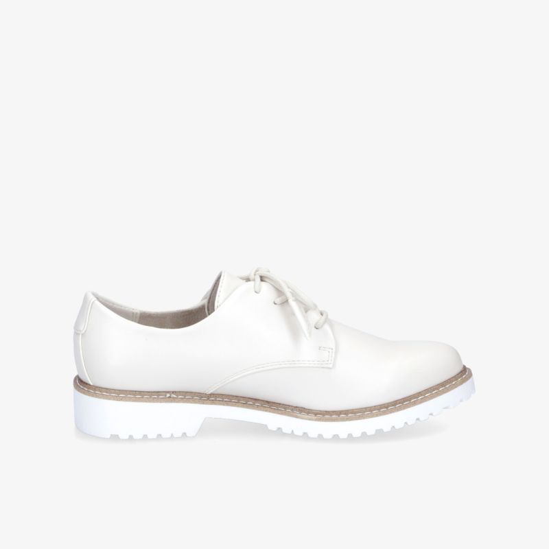 Elegante weiße Lederschnürschuhe mit modernen Akzenten und bequemer Profilsohle, seitlicher Blick.