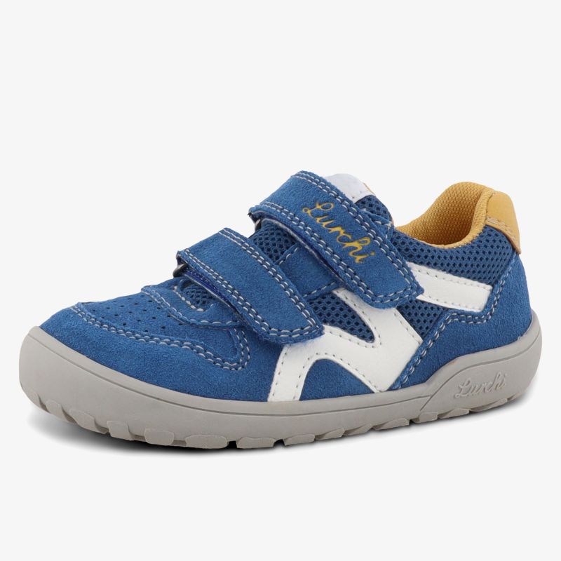 Blauer Kinderschuh mit Klettverschlüssen und flexibler grauer Gummisohle für optimalen Halt und Komfort