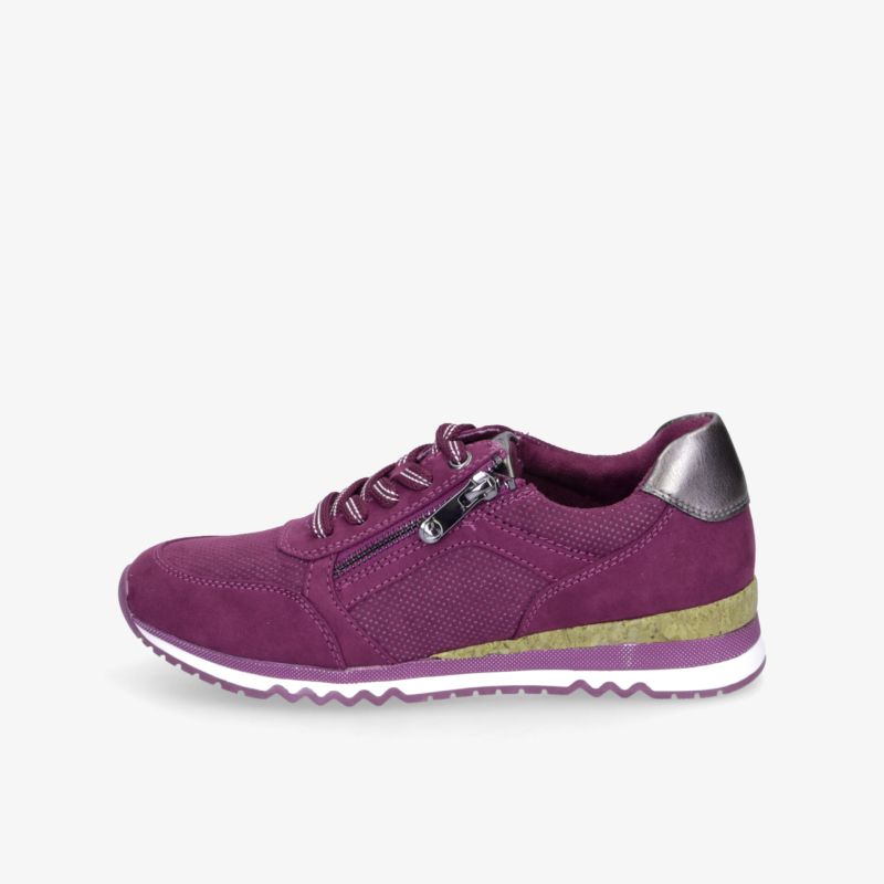 seitliche Ansicht eines bequemen, modischen lila Sneakers mit Reißverschluss und rutschfester Sohle
