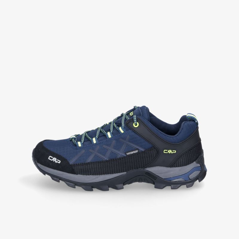 Robuster Outdoor-Schuh in Blau-Schwarz mit rutschfester Profilsohle und gedämpftem Tragekomfort, seitliche Ansicht
