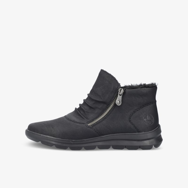 Schwarzer warmer Winterstiefel mit Reißverschluss, weichem Innenfutter und rutschfester Sohle in seitlicher Ansicht