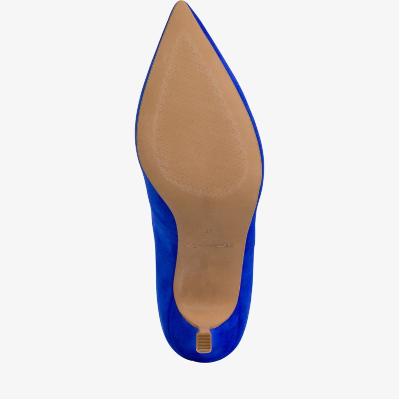 Eleganter blauer Schuh mit spitzer Sohle und rutschfester Unterseite, perfekt für besondere Anlässe.