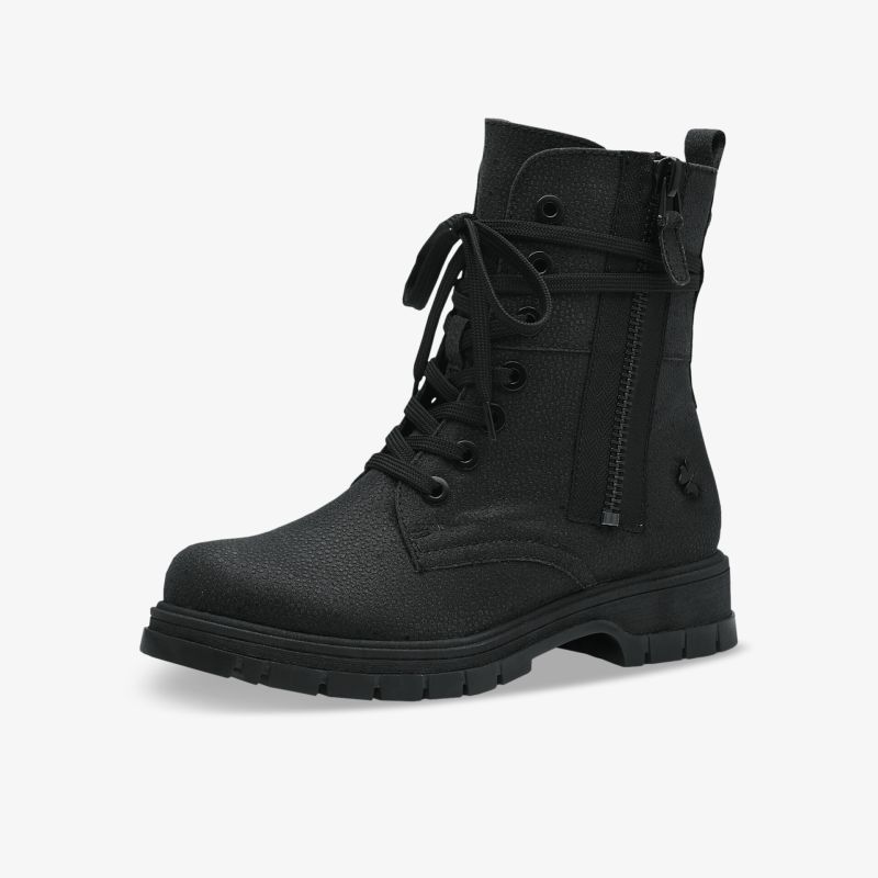 Schwarze Schnürstiefel mit Reißverschluss, robustes Design, bequeme Passform und langlebige Sohle.