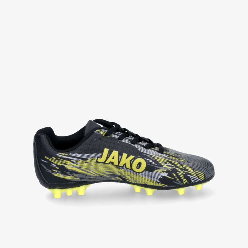 Leichter Jako Fußballschuh in dynamischem Schwarz-Gelb mit rutschfesten Stollen für optimalen Halt auf dem Spielfeld