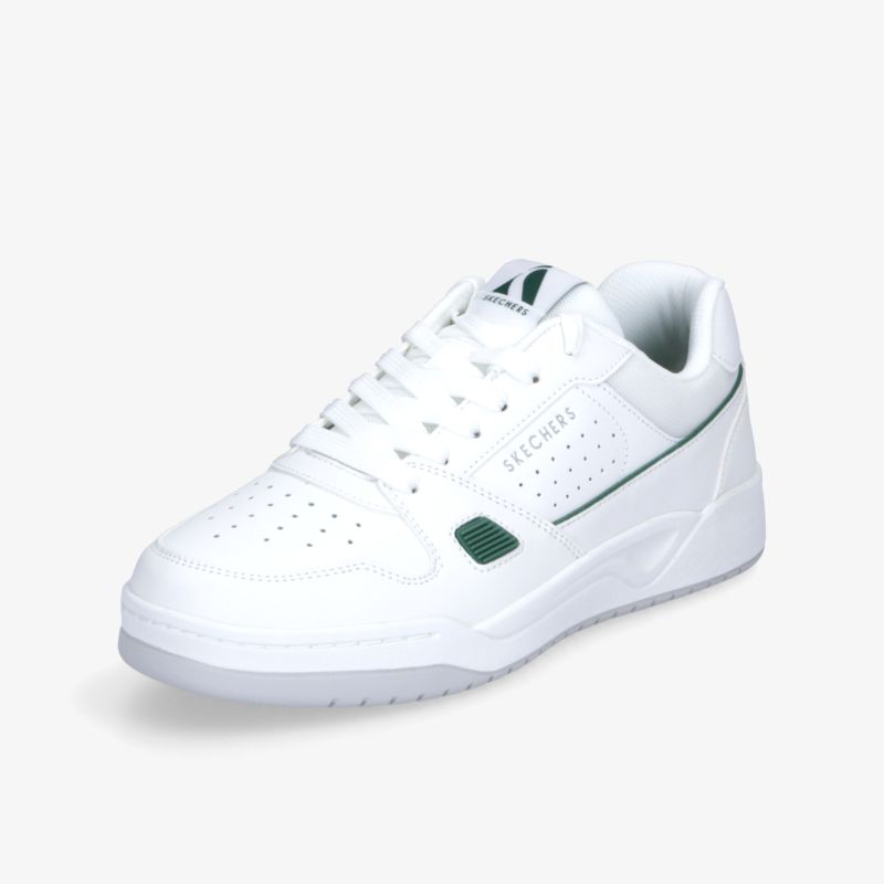 Weißer Sneaker im schräg vorderen Blickwinkel mit sportlichem, bequemem und strapazierfähigem Design