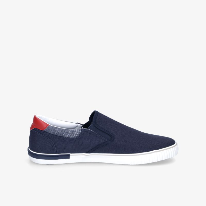 Elegante navyblaue Slip-On-Sneaker mit kontrastierendem rotem Detail für maximalen Komfort und Stil.