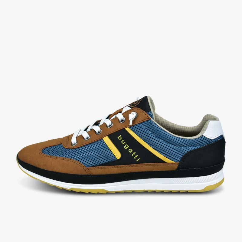Stilvoller Sneaker mit blauem Mesh, braunen Akzenten und gelben Details. Ideal für Freizeit und Alltag.