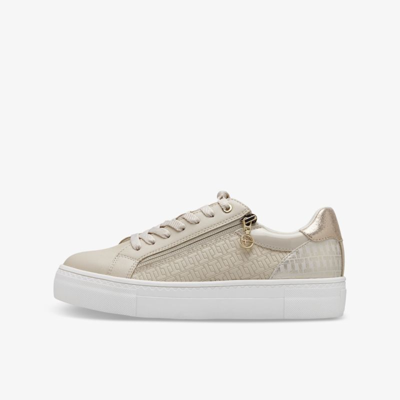 Seitliche Ansicht eines beigen Sneakers mit Reißverschluss, weißer Gummisohle und modernem sportlichen Design