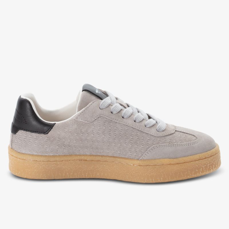 seitlich abgebildeter grauer Sneaker mit beiger Sohle, moderner, bequemer Freizeitschuh