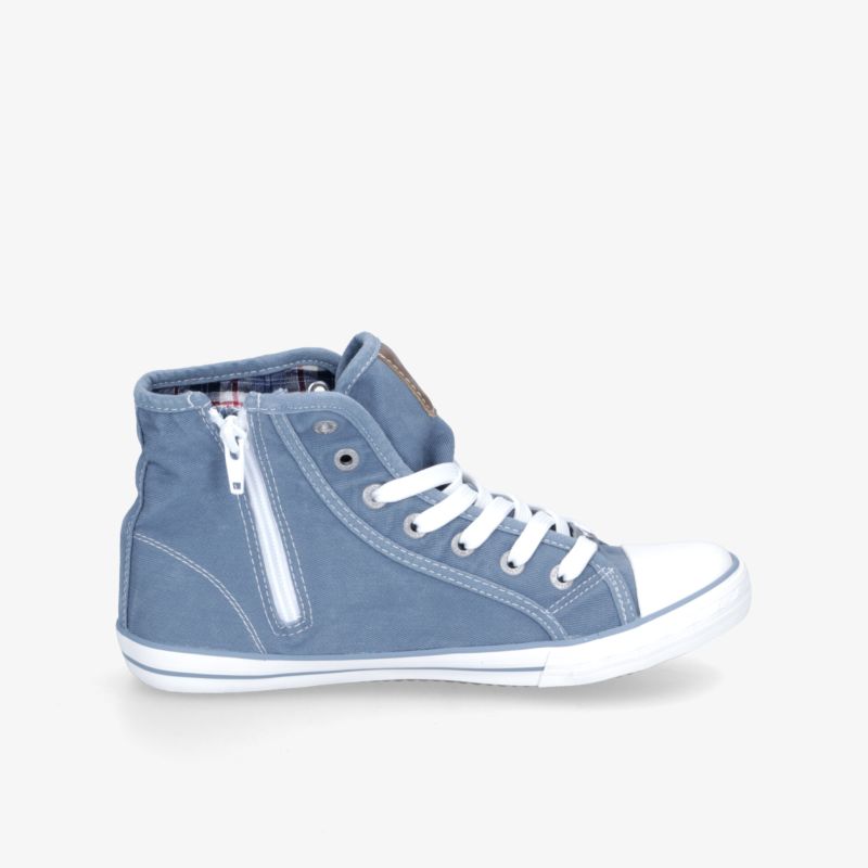 Moderner blauer High-Top-Sneaker mit weißen Schnürsenkeln und Reißverschlüssen, ideal für den Alltag.