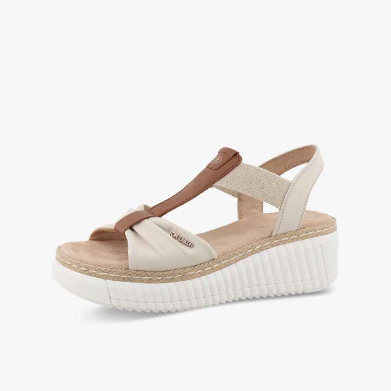 Bequeme Sandalette mit Keilabsatz und elastischen Riemen in beigem Ton, leichter und atmungsaktiver Sommerschuh