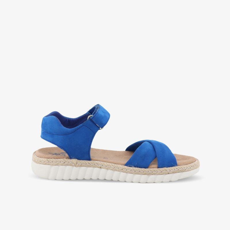 Seitliche Ansicht einer blauen bequemen Sandale mit gepolsterter Sohle und verstellbarem Riemen