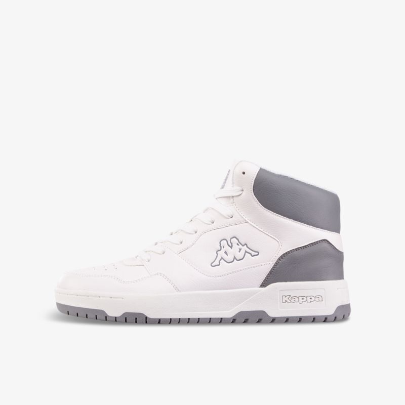 Moderner weißer High-Top-Sneaker mit grauen Akzenten und robustem Sohlenprofil für optimalen Halt und Stil.