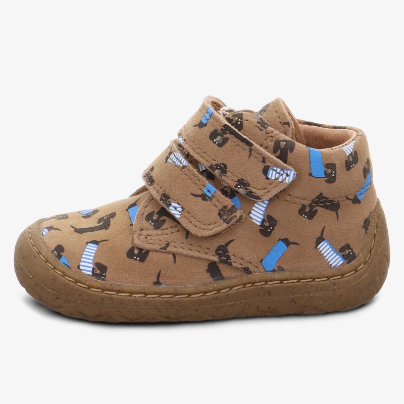 Bequemer brauner Kinderschuh mit Tiermuster und praktischem Klettverschluss, flexible rutschfeste Sohle