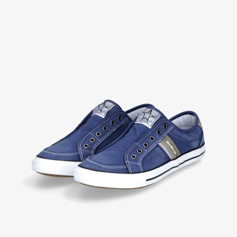 Blaues Paar Freizeitschuhe mit elastischem Verschluss, rutschfester Sohle und bequemem, flexiblem Design.