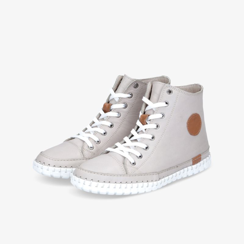 Bequeme und flexible graue Hochschuhe mit weißen Schnürsenkeln und rutschfester, langlebiger Sohle