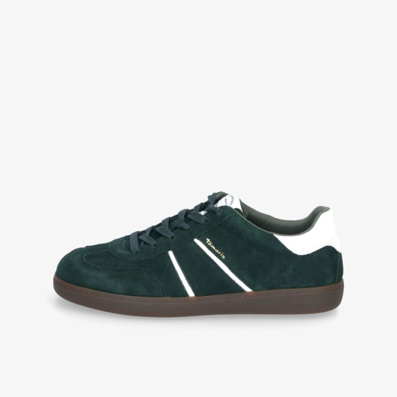 Leichter dunkelgrüner Sneaker mit komfortabler Passform und rutschfester, flexibler Sohle im seitlichen Blickwinkel