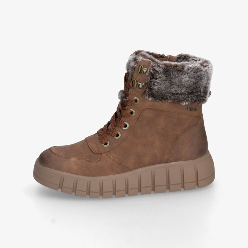 Warmer brauner Winterstiefel mit weichem Fellkragen und dicker profilierter Sohle für hohen Komfort
