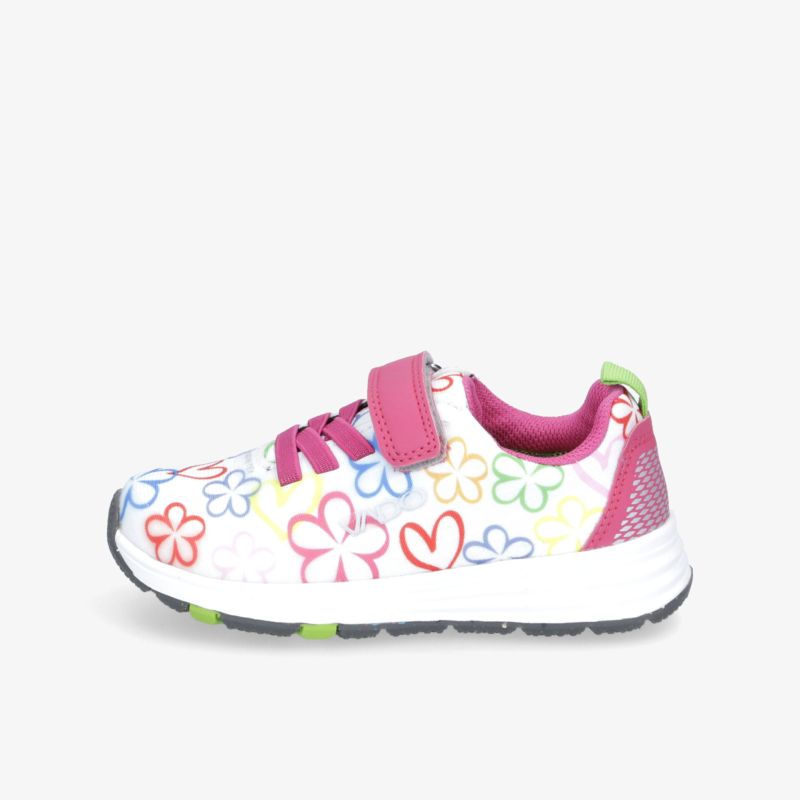 Farbenfroher Schuh mit Blumenmuster, bequemem Klettverschluss und rutschfester Sohle für aktiven Alltag.