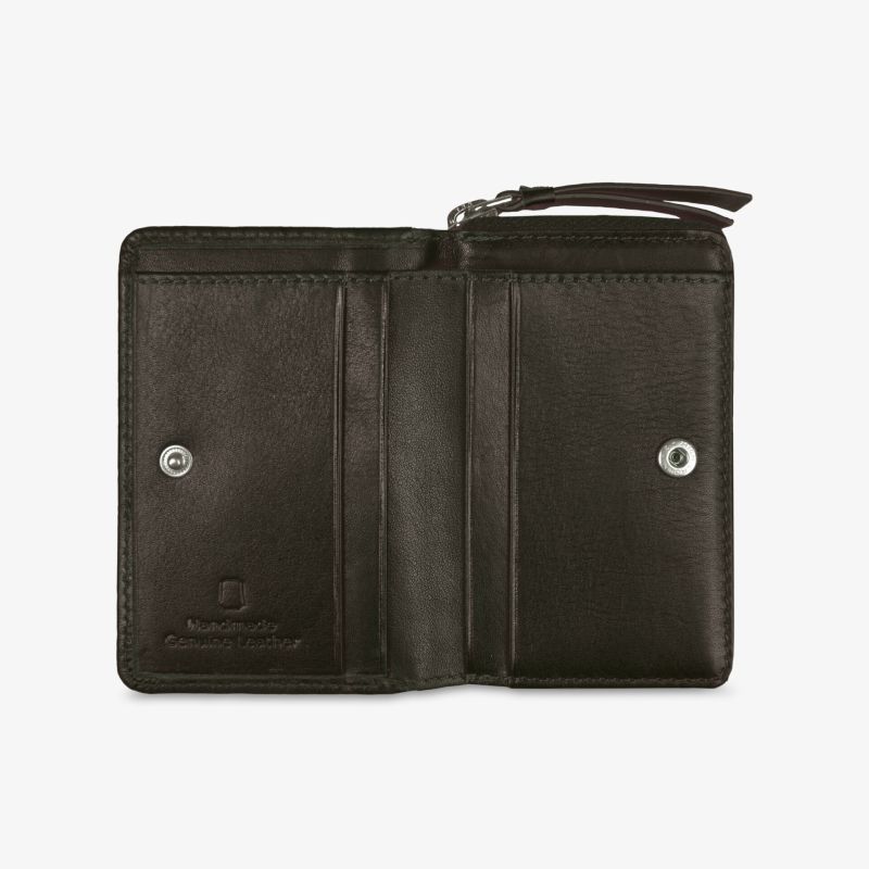 Kompakte schwarze Leder-Geldbörse mit Reißverschluss und mehreren Fächern, elegant und funktional.
