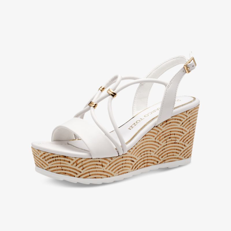 Weiße Wedgesandalette mit verstellbarem Riemen und dekorativem Keilabsatz in Holzoptik, bequemer Sommer-Schuh